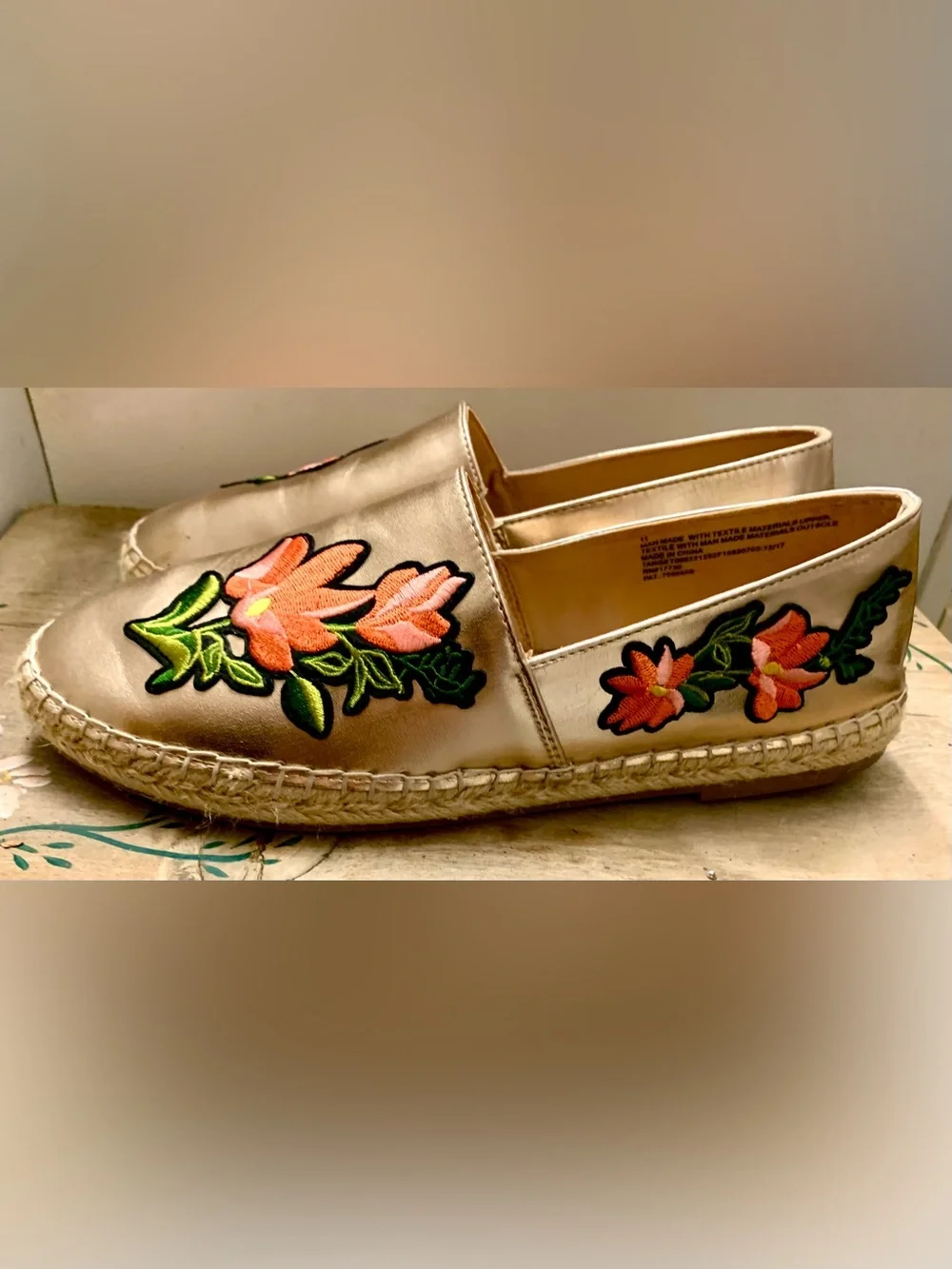 a new day Gold Espadrille Slip-Ons with Pink Floral Applique